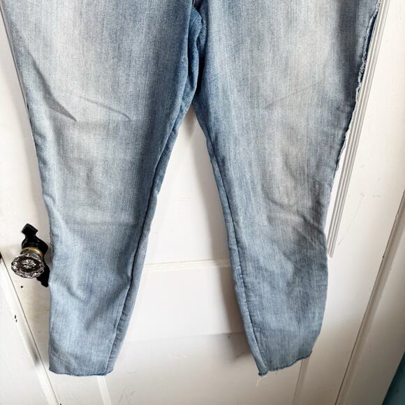 EXPRESS Perfect Curves Leggings High Rise Jeans Blue Side Seam Stripe Raw Hem 12 - Picture 5 of 13